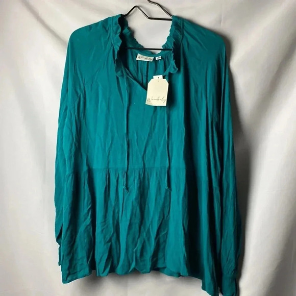 NWT WONDERLY WOMENS SIZE XL TEAL PEASANT WOVEN TOP RUFFLE COLLAR CUFFS - Picture 2 of 12